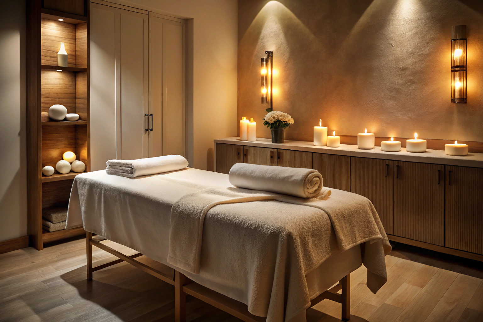 Ein ruhiger, neutraler Massageraum mit gedämpftem Licht, einem Massagetisch mit weißen Tüchern und dezenten Accessoires wie Kerzen, ohne erkennbare Marken oder Schriftzüge