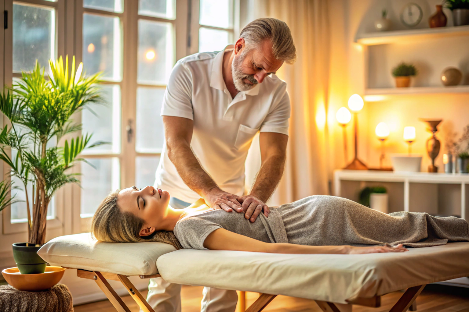 Eine Person liegt entspannt auf einer Massageliege, während die Hände des Therapeuten sanfte, streichende Bewegungen auf dem Rücken ausführen, in einem ruhigen, warm beleuchteten Raum ohne störende Elemente