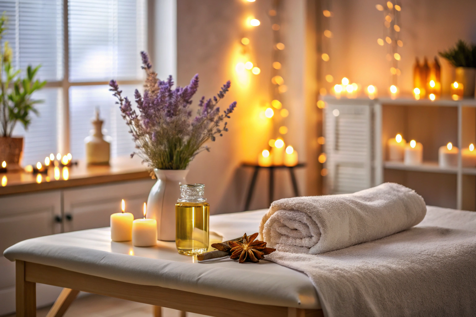 Eine entspannende Szene in einem Massageraum mit einem weißen Massagetisch, auf dem eine Flasche ätherisches Öl und getrocknete Kräuter wie Lavendel liegen, umgeben von sanftem Licht und einer ruhigen Atmosphäre
