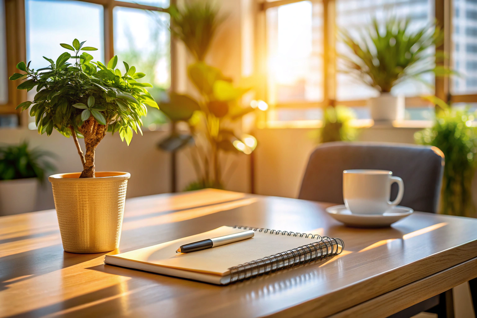 Ein ruhiges, einladendes Büro mit einem Schreibtisch, auf dem ein Notizblock und ein Stift liegen, im Hintergrund eine Pflanze und sanftes Licht, das eine warme Atmosphäre schafft
